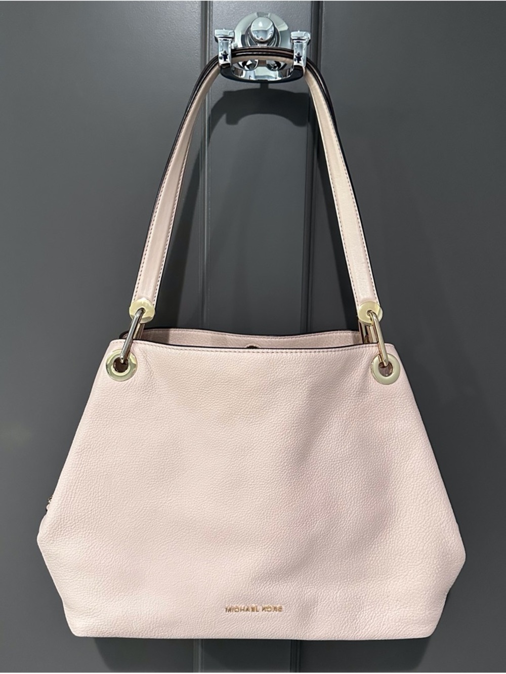 Michael Kors Soft Blush Pebbled Leather Raven Shoulder Bag with Gold Hardware